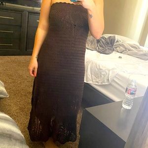 Brown strapless crochet maxi dress